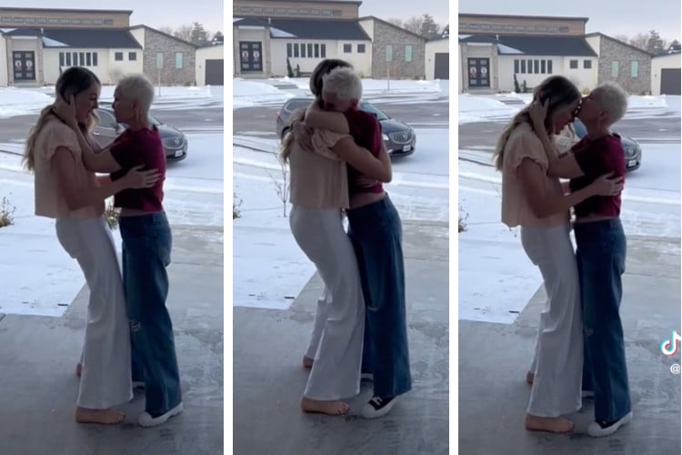 screenshots of emotional tiktok video showing a woman reunited with her birth mother after 34 years